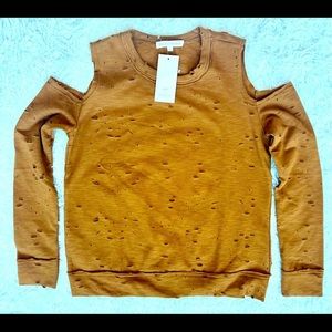 Fun Carmel/Mustard tattered bare shoulder blouse New with Tags - Size Womens S